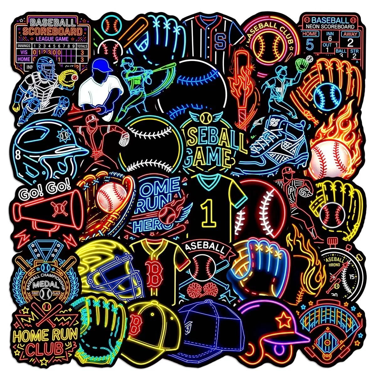 50/100PCS Cartoon Neon Baseball Stickers Decorative Helmets Baseball Cups Audio Guitar Stickers