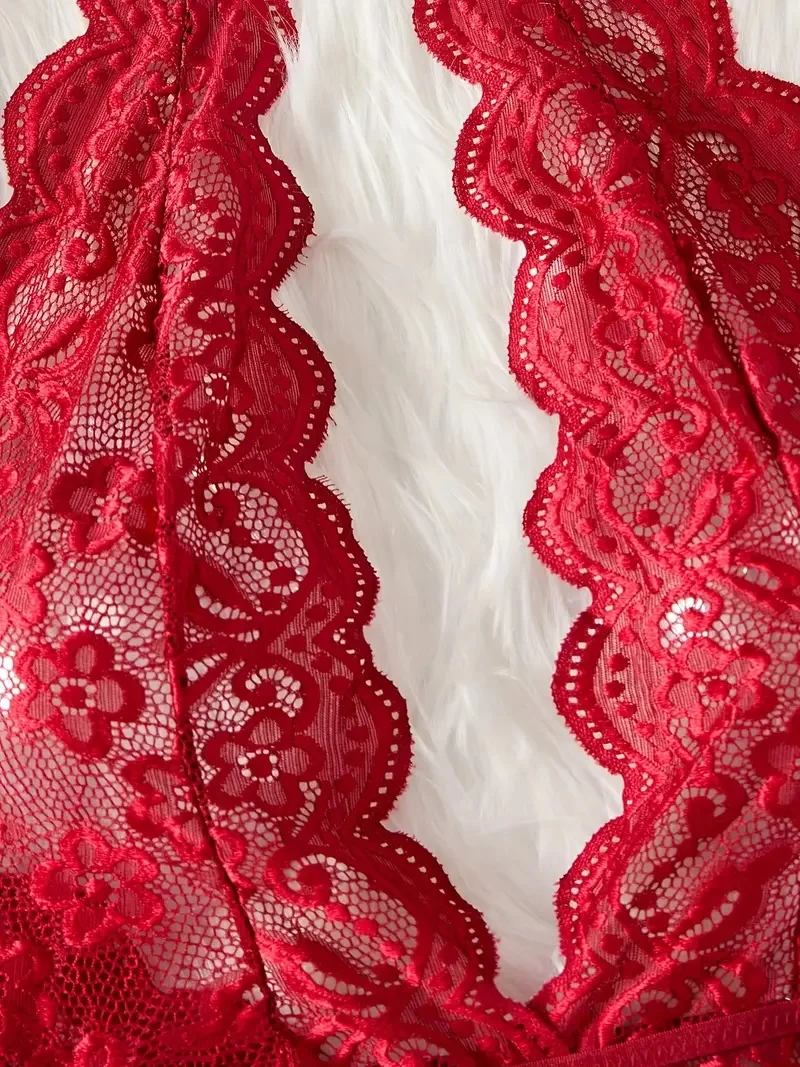 ملابس النساء الأحمر الجوف خارج الرسن ارتداءها مثير امرأة الجسم قطعة واحدة الدانتيل الملابس الداخلية المثيرة Crotchless فستان صنم الحميمة #4