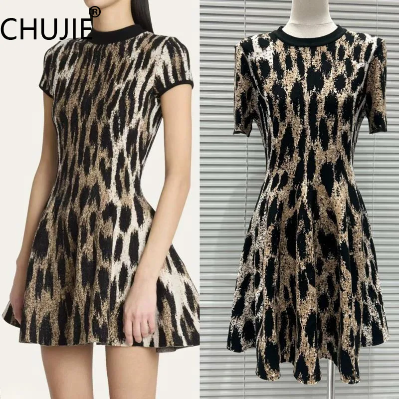 

CHUJIE Summer/Fall 2025 Leopard Print Knit Dress, Short Sleeve City Chic Dress, Office To Casual Versatile Wear