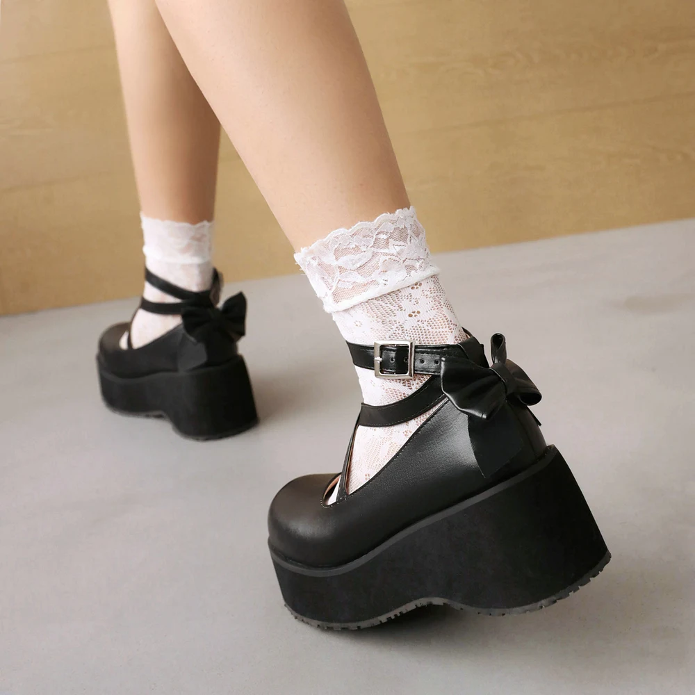 Bowknot Lolita Shoes Platform Heels Women Pumps Japanese School JK Uniform Fashion Girl Rear Bow Tie Thick Sole Mary Jane Buckle