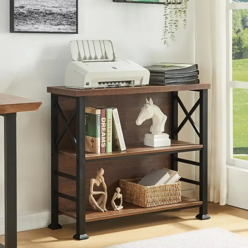 Three-story small bookshelf, wooden bookshelf, rustic brown industrial style bookcase, suitable for living room, bedroom, office