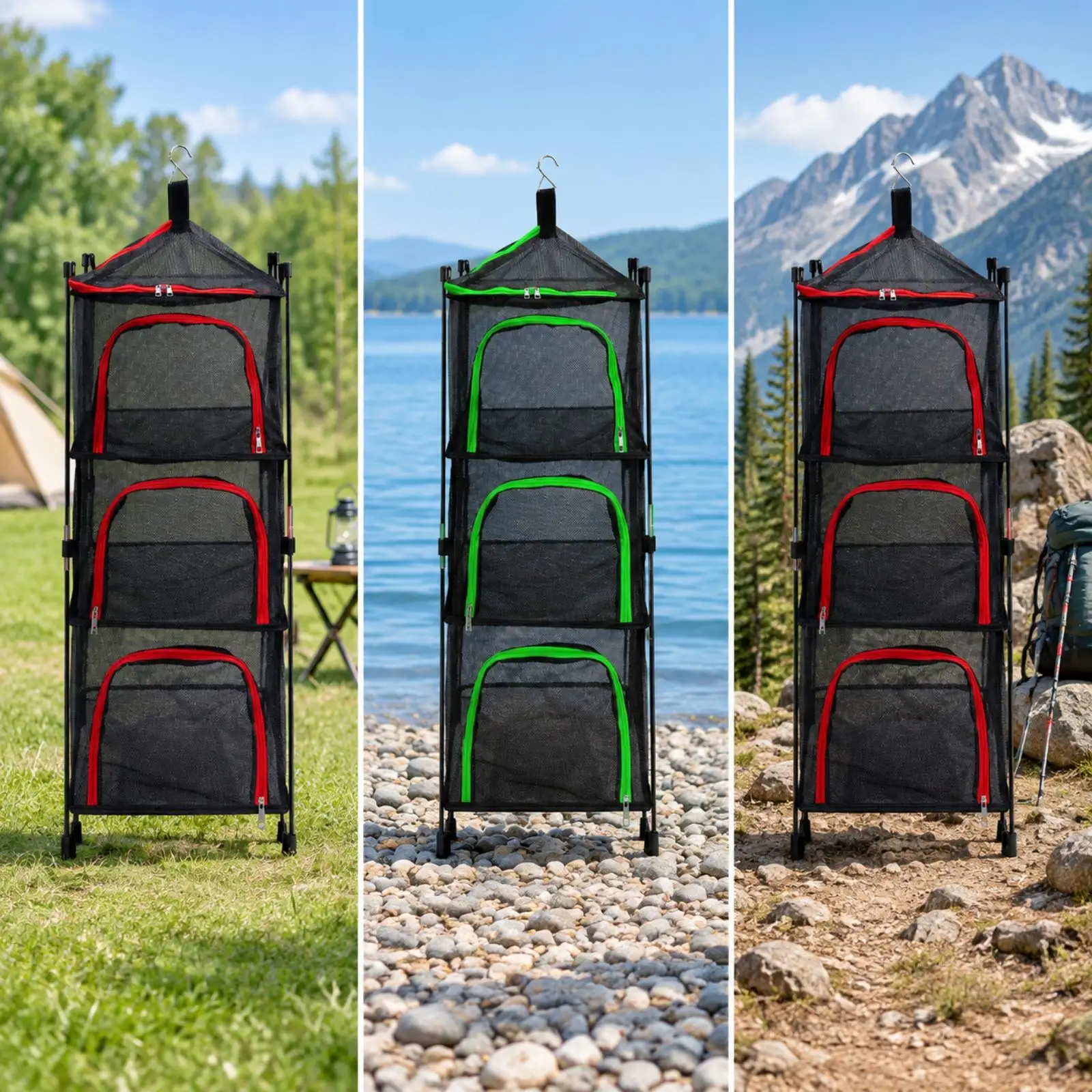 Freestanding Mesh Drying Rack for Outdoor Patio Storage Nylon Net Organizer with Poles for Camping Tableware and Clothes