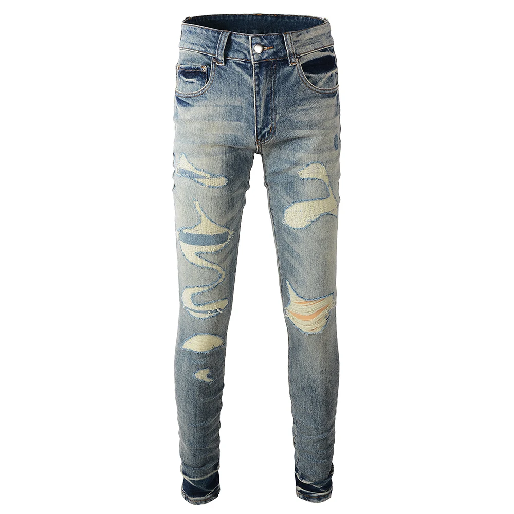 Men Ripped Distressed Jeans Streetwear Skinny Tapered Stretch Denim Pants Holes Patchwork Trousers