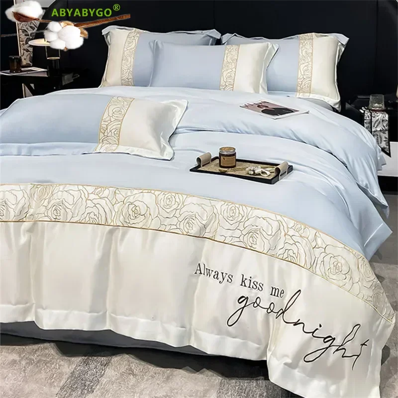 Summer Bedding Set Luxury Silky Embroidery Duvet Cover Bed Sheets and Pillowcases Senior Bed Set Queen King Size Bedding Set