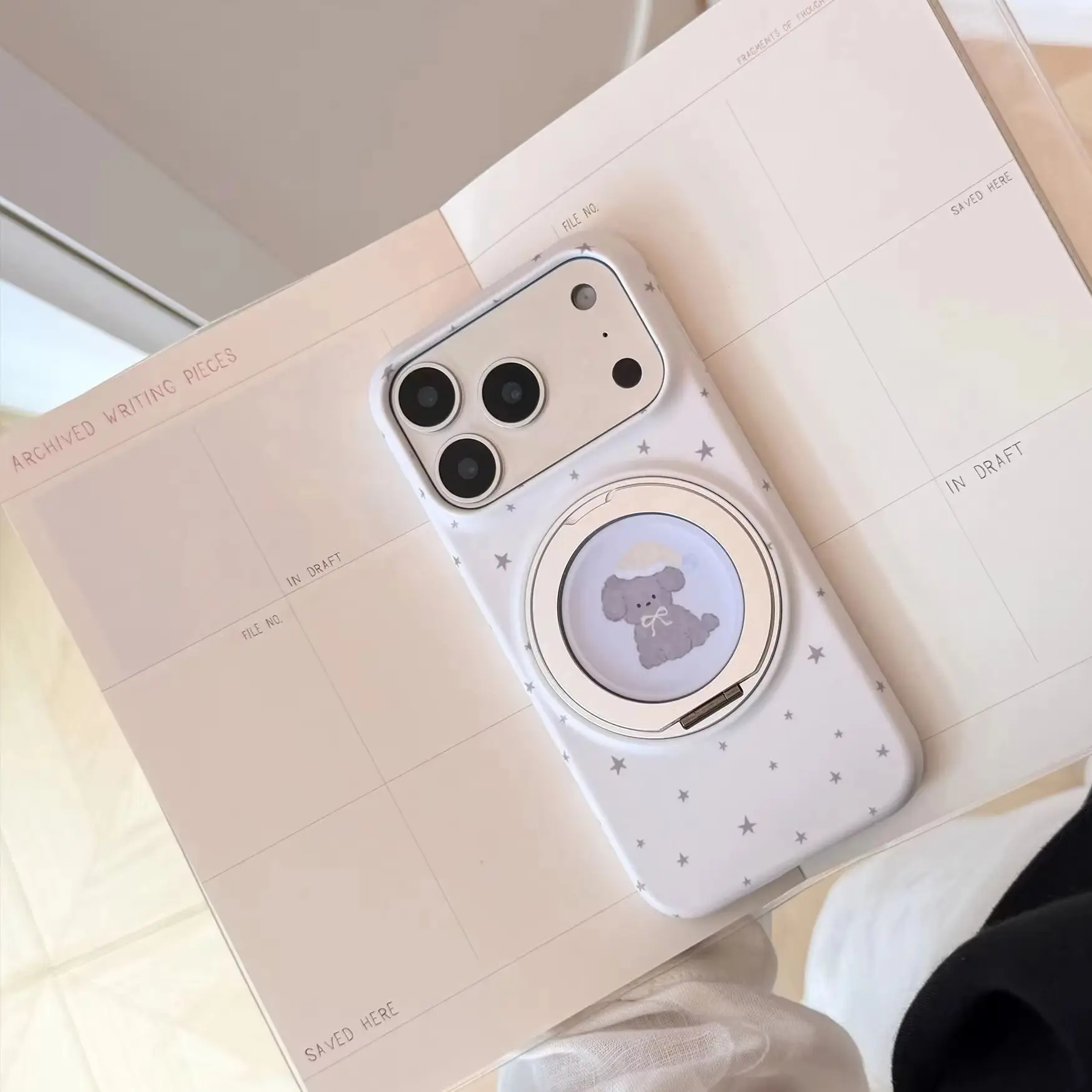 Cute Purple Pink Puppy Star Pattern White Matte Cover Case For iPhone 17 16 15 14 13 Pro Max with 360° Rotation Holder view 4