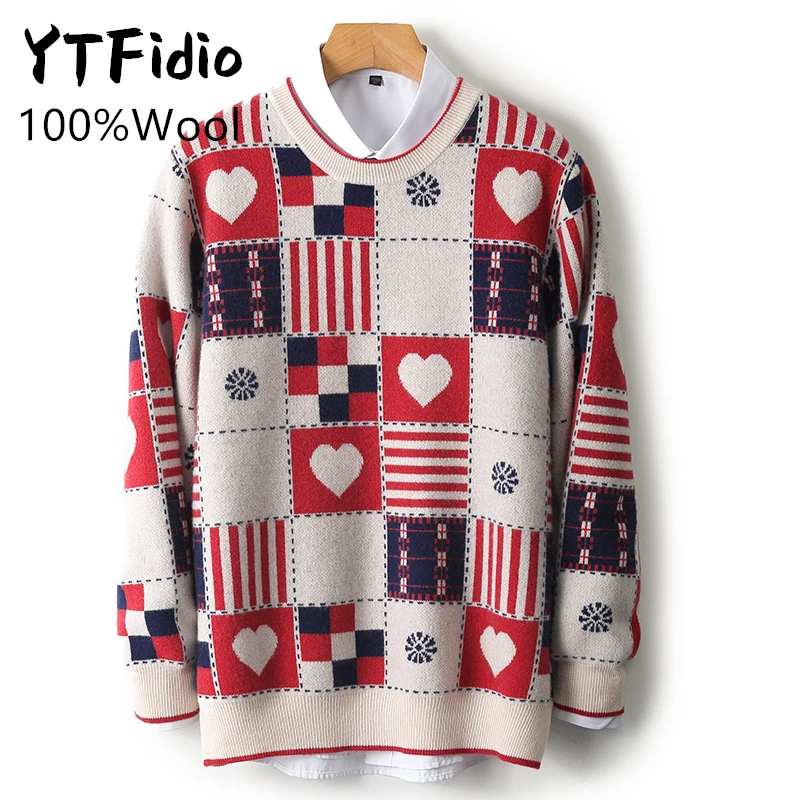 YTFidio 100% Wool Men's O-neck Pullover with Thickened Pattern and Heart New Year Knitwear Pullover Tops 185