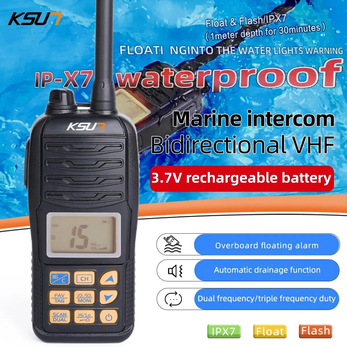 Handheld Vhf Marine Radios Float Waterproof IP-X7 Portable Walkie Talkie Boat Vessel Marine Radio NOAA Weather Alert KSUT-P36