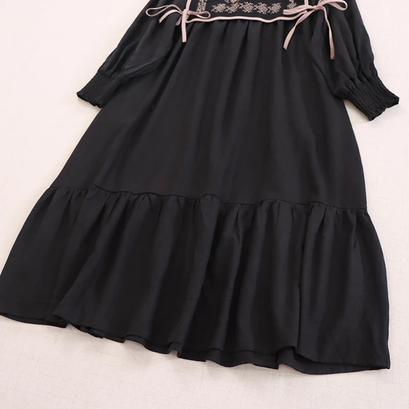 Spring New Japanese Sweet Mori Girl Embroidery Vest Dress Two Peices Set Women O-Neck Long Sleeve Casual Loose Long Dresses