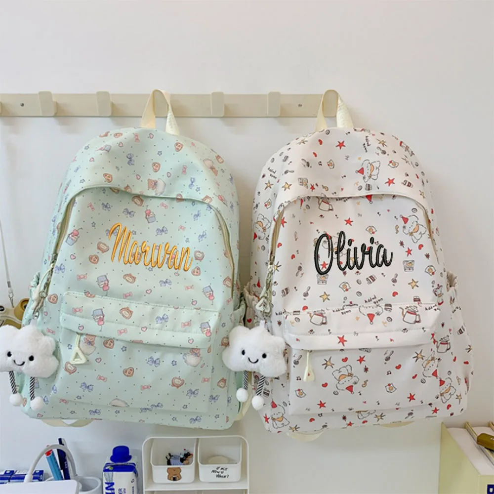 Minimally Designed Campus Backpack With Floral Patterns, Personalized Name, Student Backpack, Custom Embroidered Cute Bag