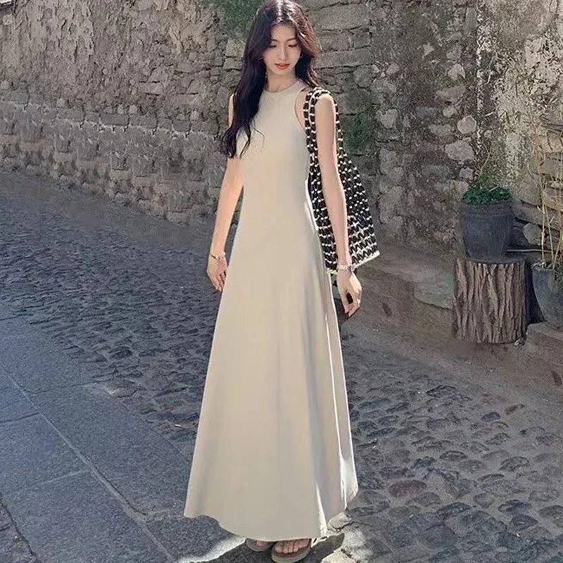 Abito francese senza maniche dal carro armato Moda donna Elegante chic Slim A Line Abito lungo Vacanza estiva Tutti abbinati Abiti casual solidi
