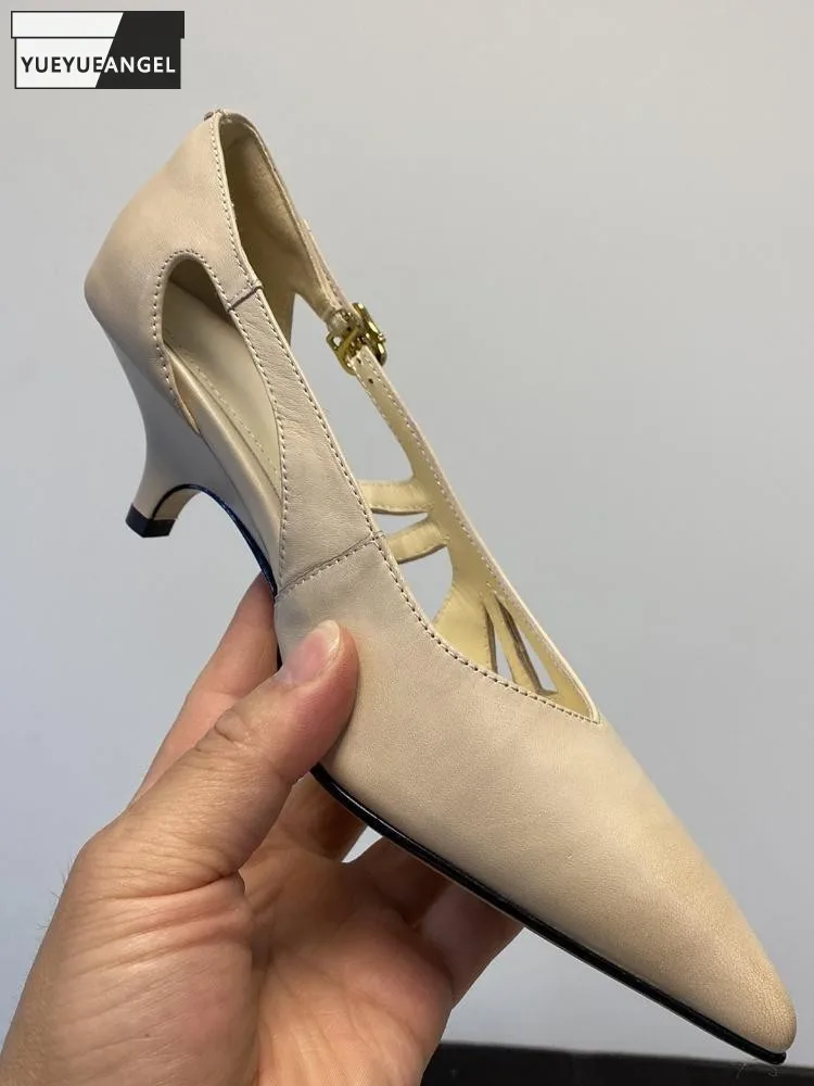 Summer Wearing Outside Fashion Ladies Genuine Leather Pointed Toe Buckle Strap Solid Color Cowhide Stiletto Heel Sandals