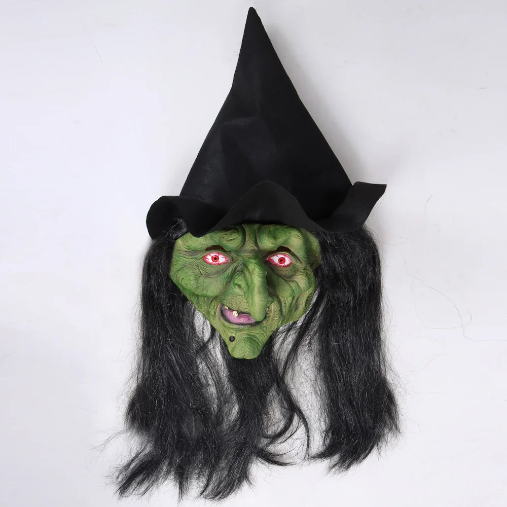 Halloween Horror Old Witch Mask with Hat Cosplay Scary Clown Hag Latex Masks Green Face Big Nose Old Women Costume Party Props