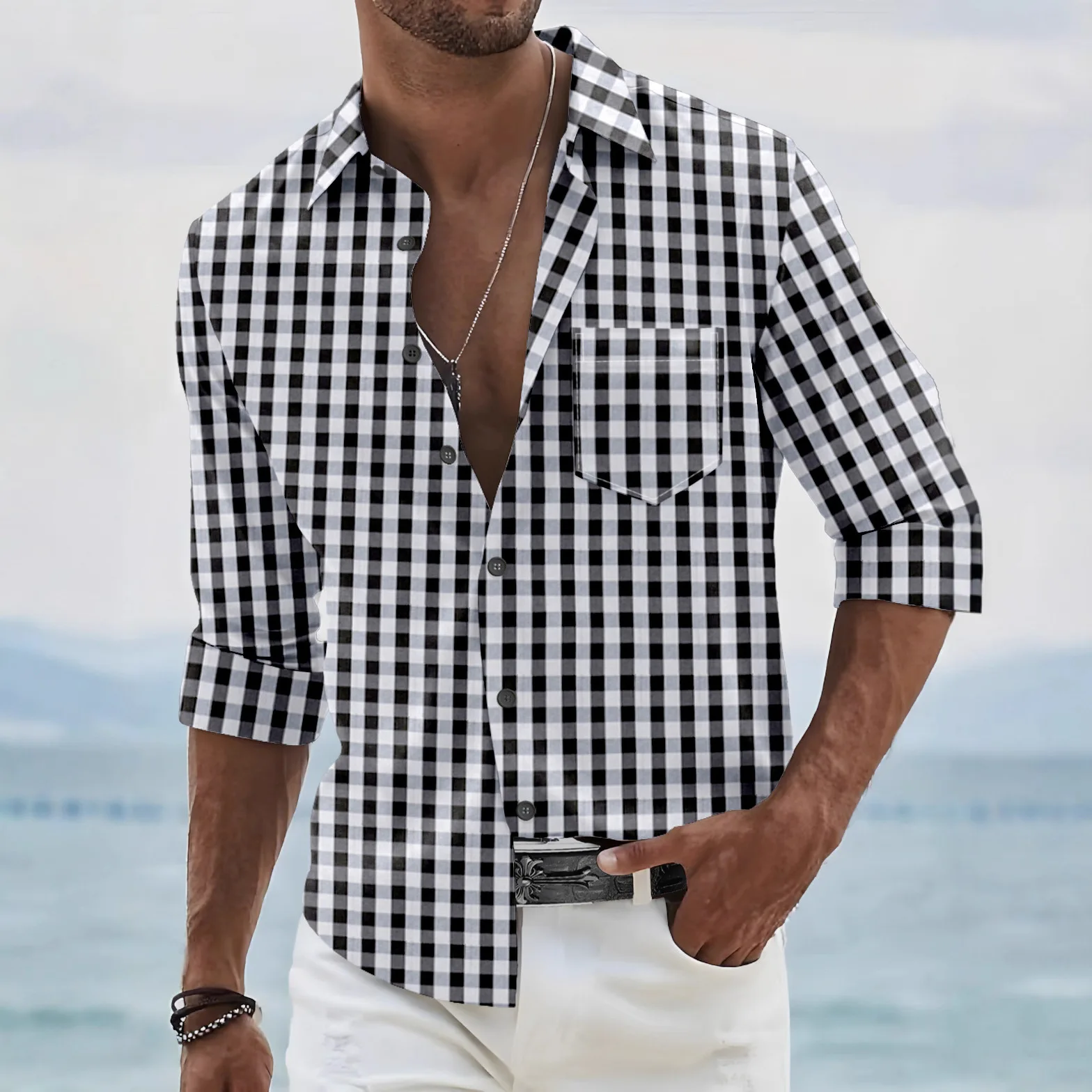 New men's casual resort classic check long-sleeved shirt with turned-down collar and pocket, beach fashion sporty loose top