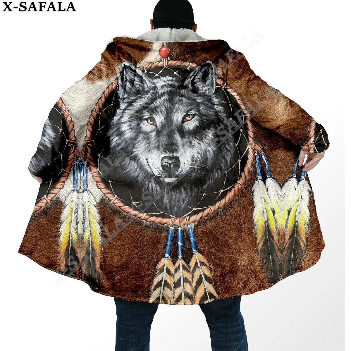 

Native Dream Catcher Wolf Art Moon 3D Print Dream Cloak Thick Warm Hooded Men Overcoat Coat Windproof Fleece Cape Robe Blanket-6