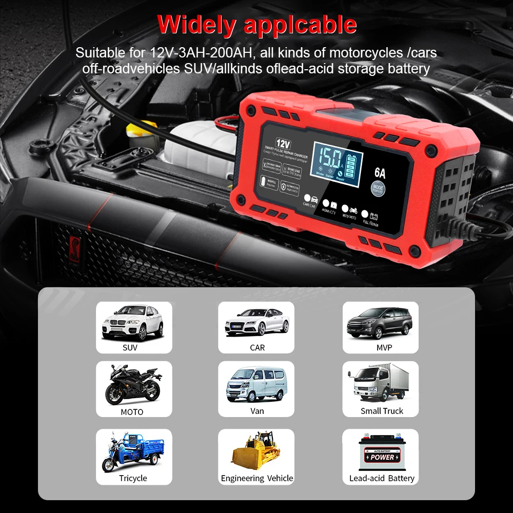 Car RV Truck Trailer Motorcycle Intelligent Battery Charger Lead-Acid Maintenance Auto Smart Pulse Repair Multifunctional 12V6A view 5