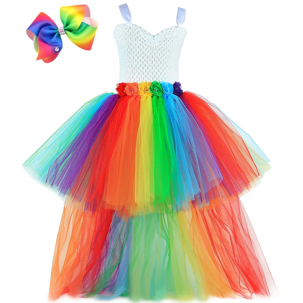 Vestido de tutú de arcoíris con cuello en V para niñas, tren de flores, vestidos de princesa de tul para niños pequeños, fiesta de cumpleaños,