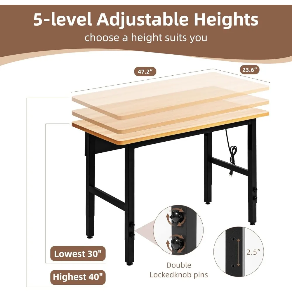 منضدة عمل قابلة للتعديل شديدة التحمل مع منافذ طاقة - طاولة من الخشب الصلب بسعة 2000 رطل لورشة المرآب