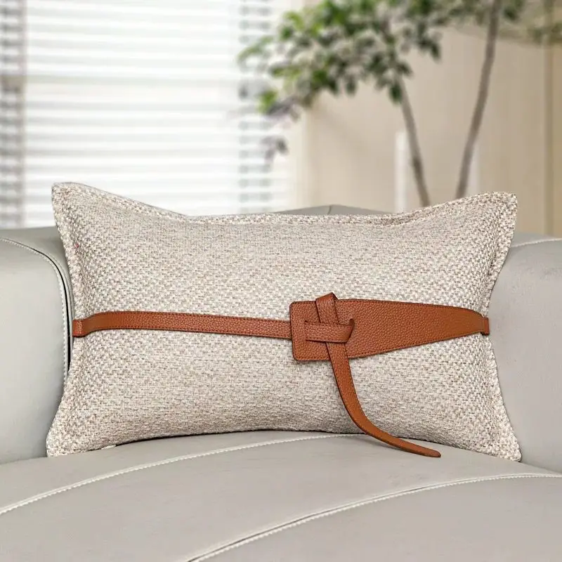 القطن الكتان الملمس البرتقالي الجلود الخصر كيس وسادة غطاء وسادة مع حزام Pu 30X50CM