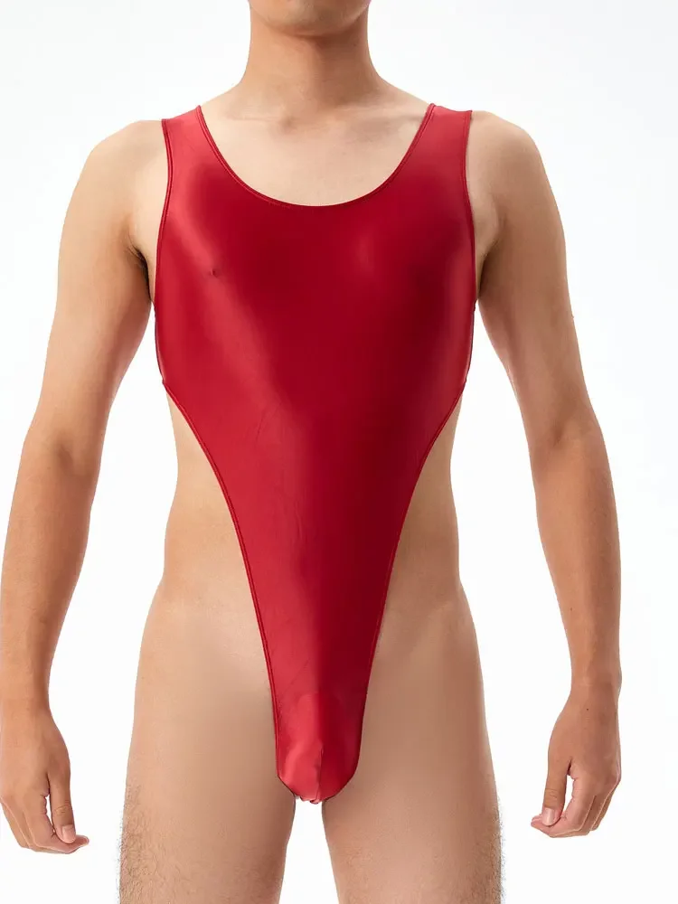 

Men's Onesies Sleep Wear Elastic Shaper U Bulge Pouch Sexy Bodysuit Oily Silky T-crotch High Cut Tights Man Leotard Lingerie