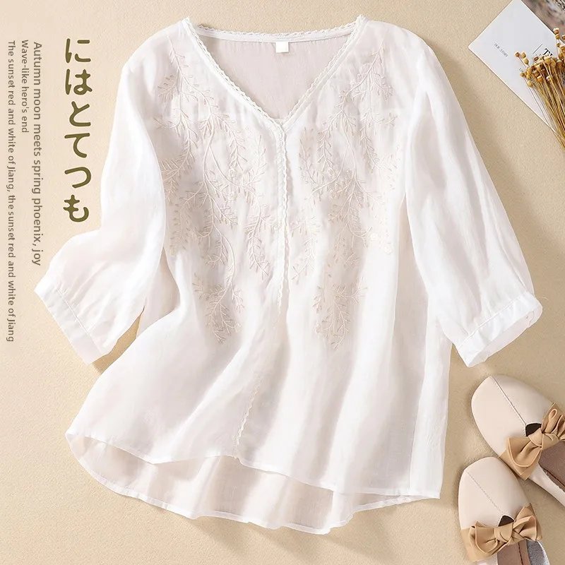 Dun geborduurd katoenen linnen T-shirt groot formaat dames plus maat kant patchwork vijf Sve V Ne onregelmatige linnen top