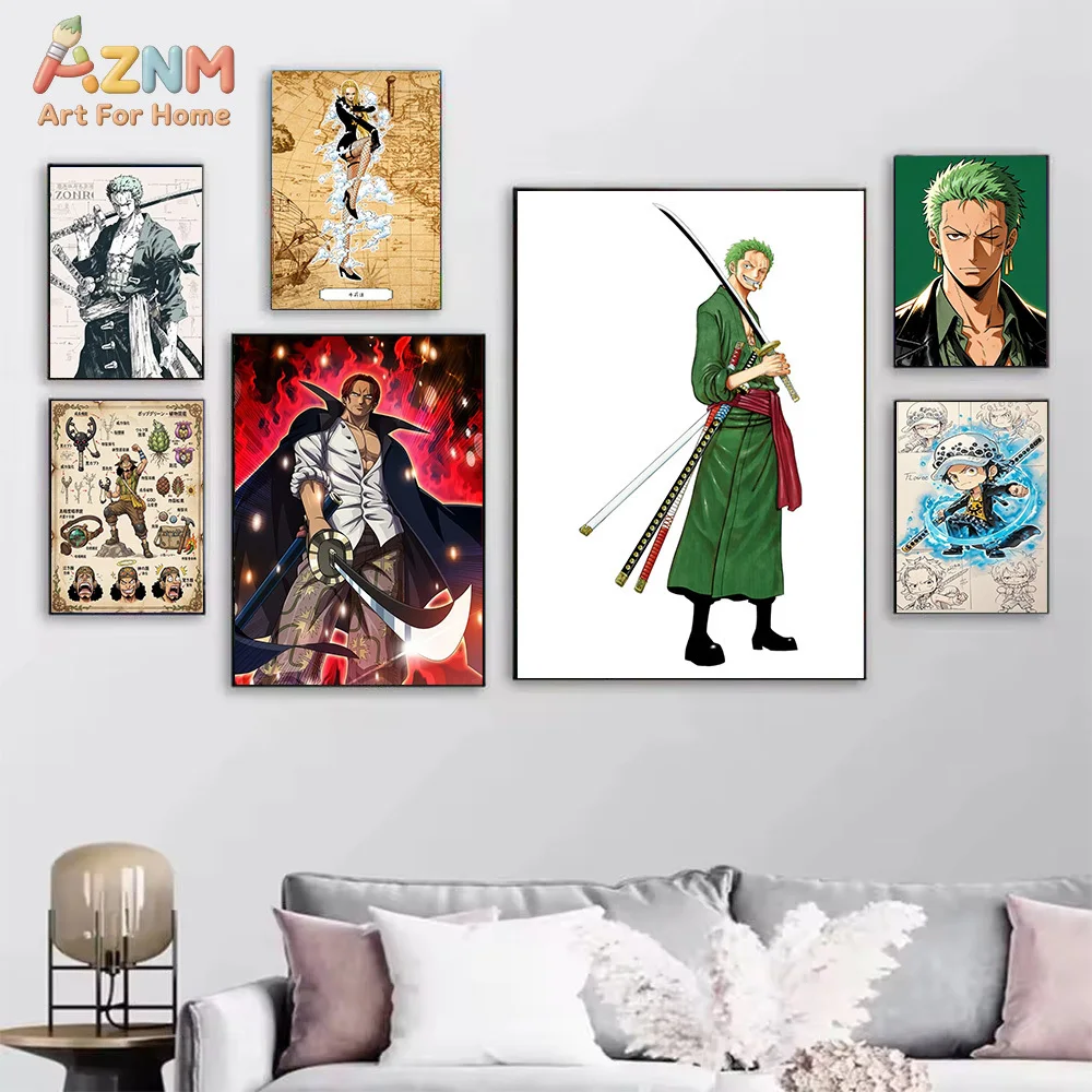 AZNM One Piece Luffy Gear Fourth Ace Shanks Zoro Law Crocodile Anime Manga Canvas Wall Art Character Blueprint Print Unframed Ca