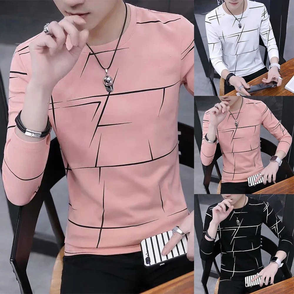 Men\'s Fashion T-Shirt Crew Neck Blouse Print Pullover Long Sleeve Slim Fit Muscle Top Harness Man Fashion Singlet