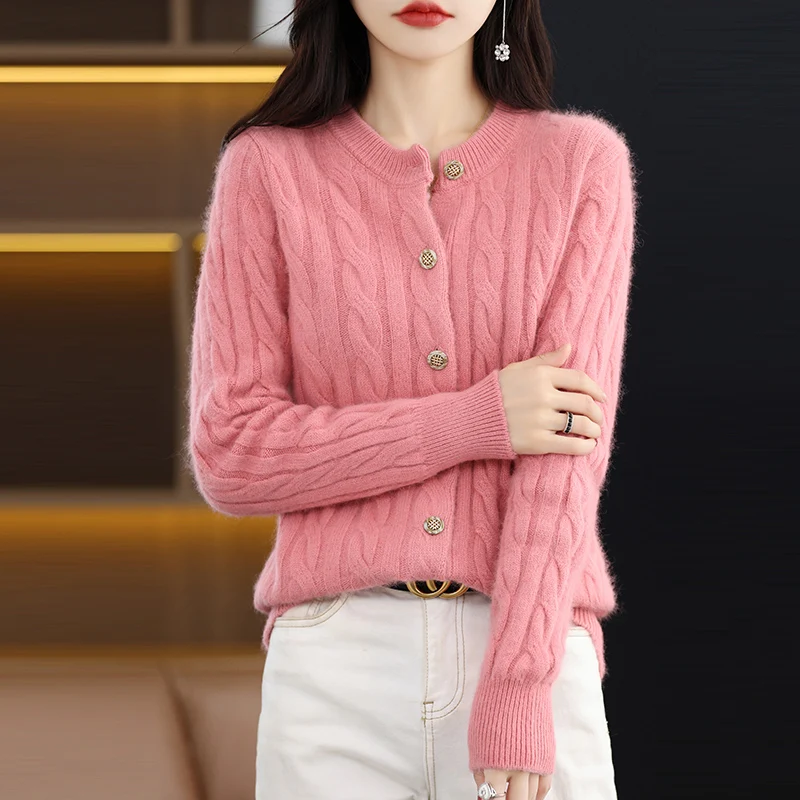 New Fashion Autumn Winter 100% Mink Cashmere Cardigan Sweater Womens Knitted O-neck Cardigan Sweater Twist Female Basic Clothe