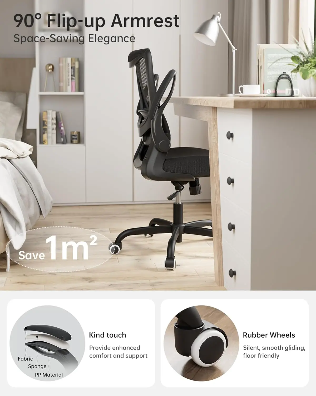 Silla de oficina ergonómica con soporte Lumbar ajustable y reposabrazos abatible, silla de ordenador de malla transpirable para el hogar