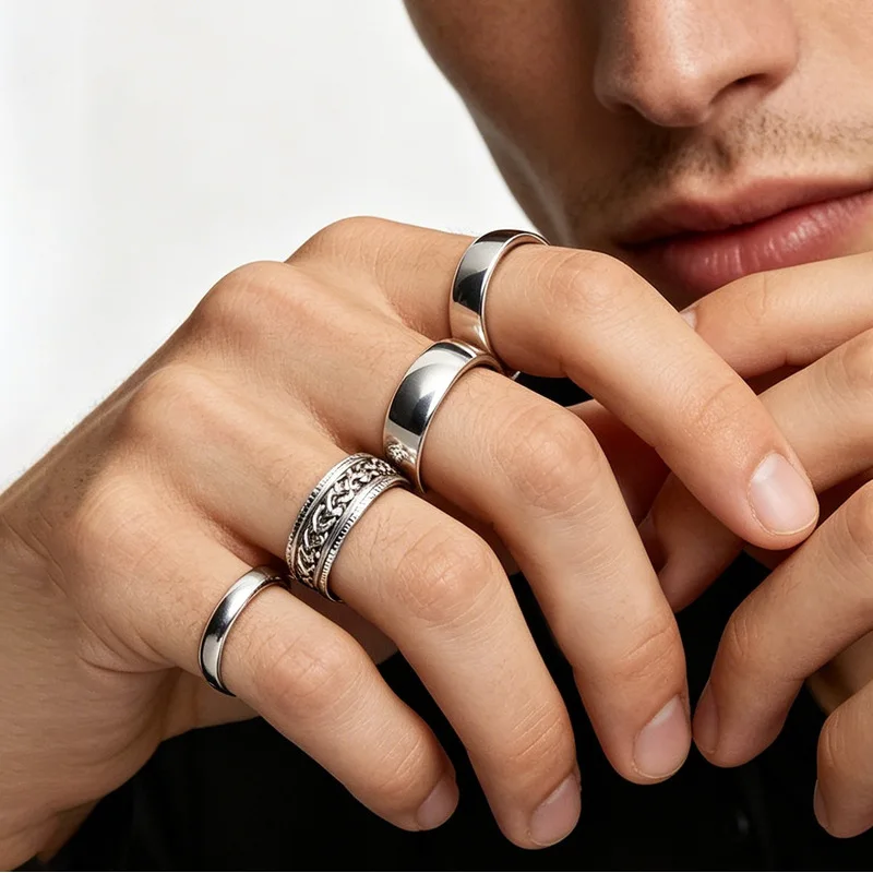 Polished Silver Stainless Steel Stackable Ring Pack, Plain Smooth Bands With Retro Carved Decor, Multi‑piece Finger Set For Men