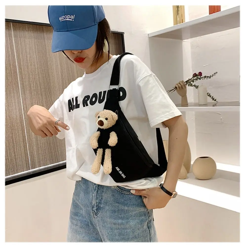 1PC Women\'s Cute Bear Waist Bag Canvas Belt Bags Designer Crossbody Chest Bag Female Solid Fanny Pack Banana Hip Purse