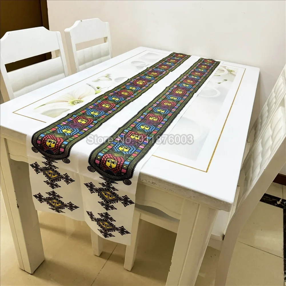 Double Stripe Printing Bohomian Traditional Art Eritrean Ethiopian Table Runner Wedding Tablecloth for Dining Coffee Kitchen