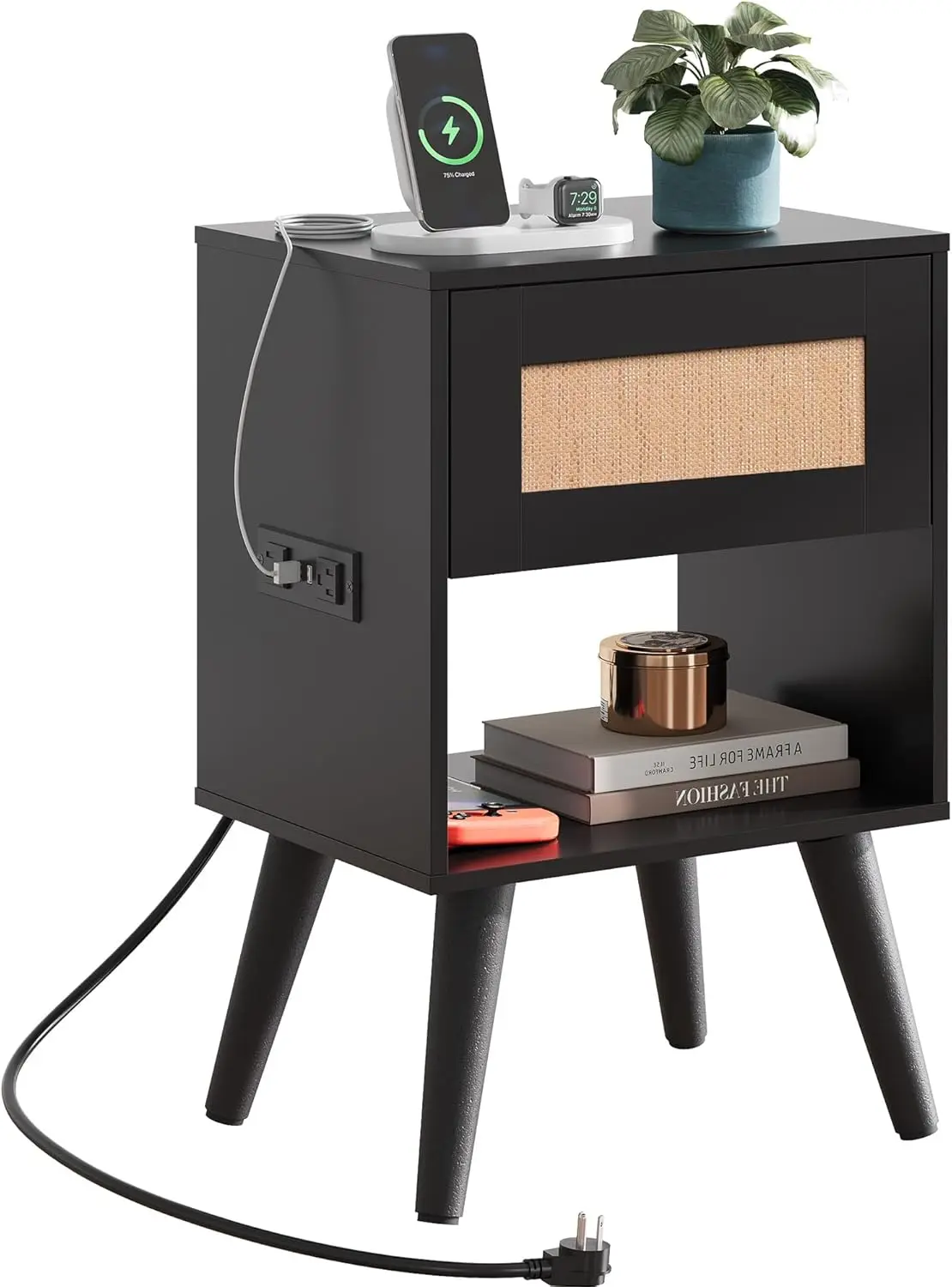 

Rattan Night Stand With Charger Station, Small Side Table Drawer Storage And Shelf, Mid Century Nightstands With Rat