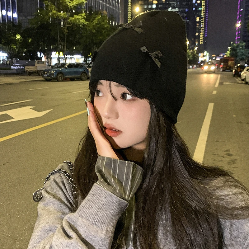 단색 리본 여성 모자 가을 겨울 니트 따뜻한 비니 소녀 방풍 크로셰 귀 보호 캡