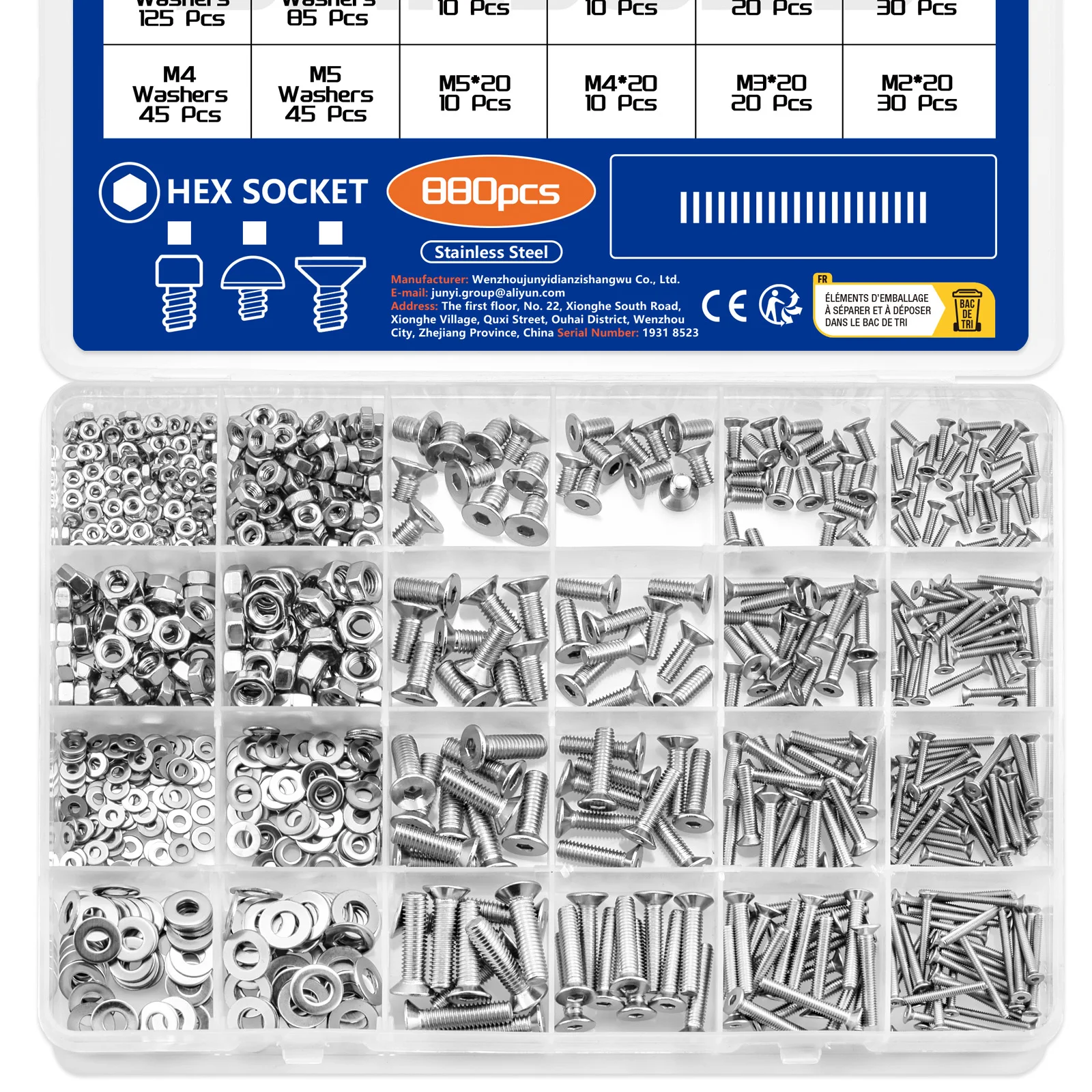 Kit d'assortiment de vis à tête plate à douille hexagonale en acier inoxydable 304, 880 pièces, M2 M3 M4 M5, jeu de boulons fraisés avec boîte de rangement