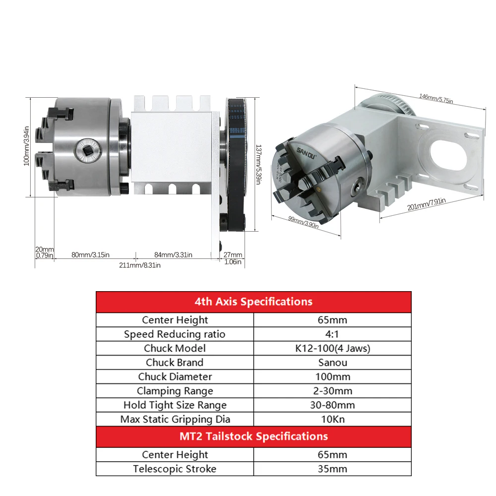 EU RU Warehouse 4th axis rotary ratio (4:1) / (6:1) K12-100mm 4-Jaw Chuck+mt2 tailstock for CNC