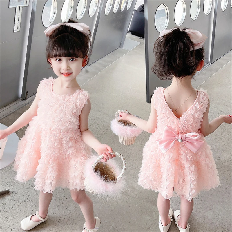 

Summer Baby Girls Dress Lace Floral Bow Party Princess Dresses Seaside Vacation Sleeveless Dress Children Clothes Kids Clothing