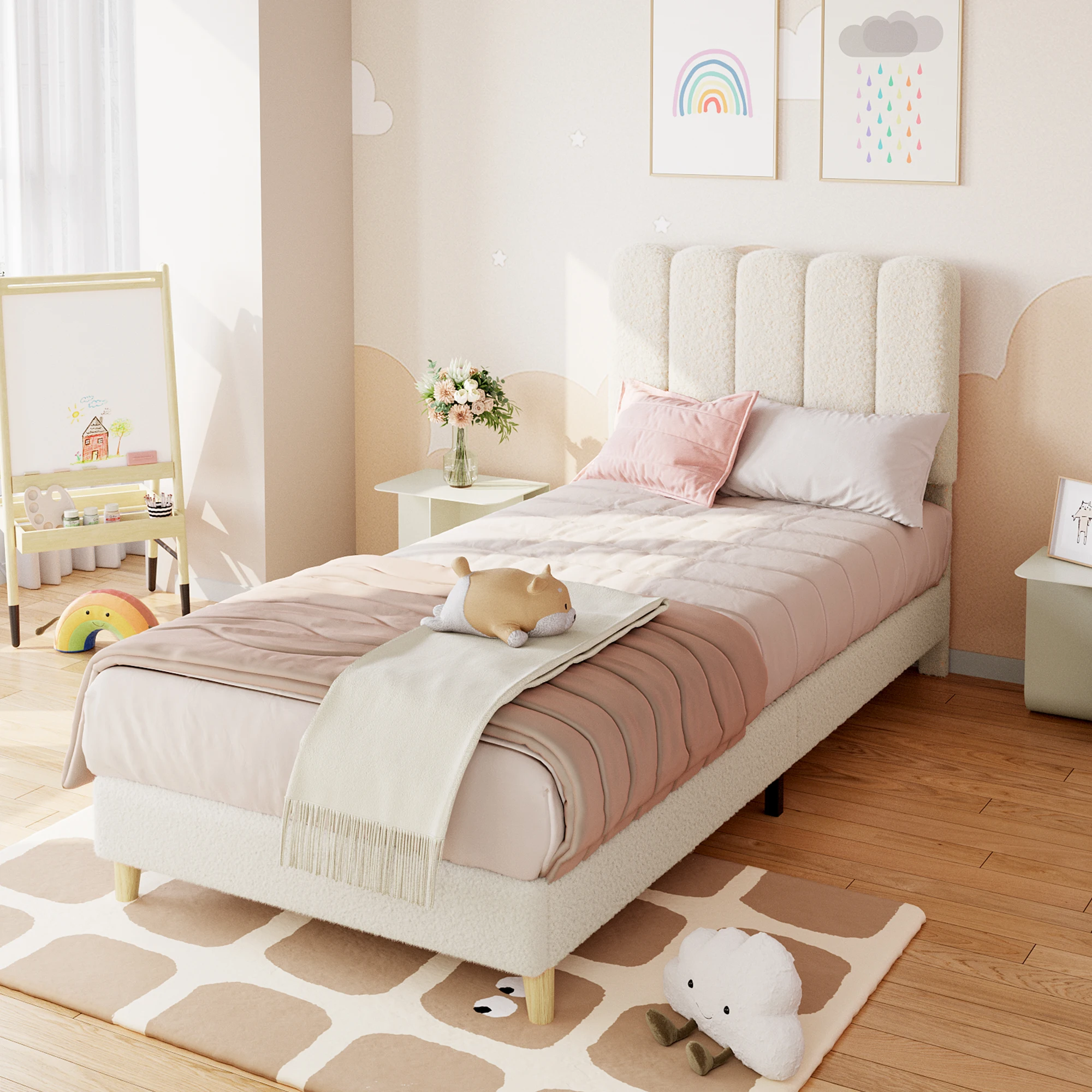 GarveeLife Kids Twin Upholstered Platform Bed Frame with Wave or Crystal Tufted Headboard - Wooden Slat Support, No Box Spring Needed, Noise-Free, Easy Assembly - Pink Velvet/Boucle
