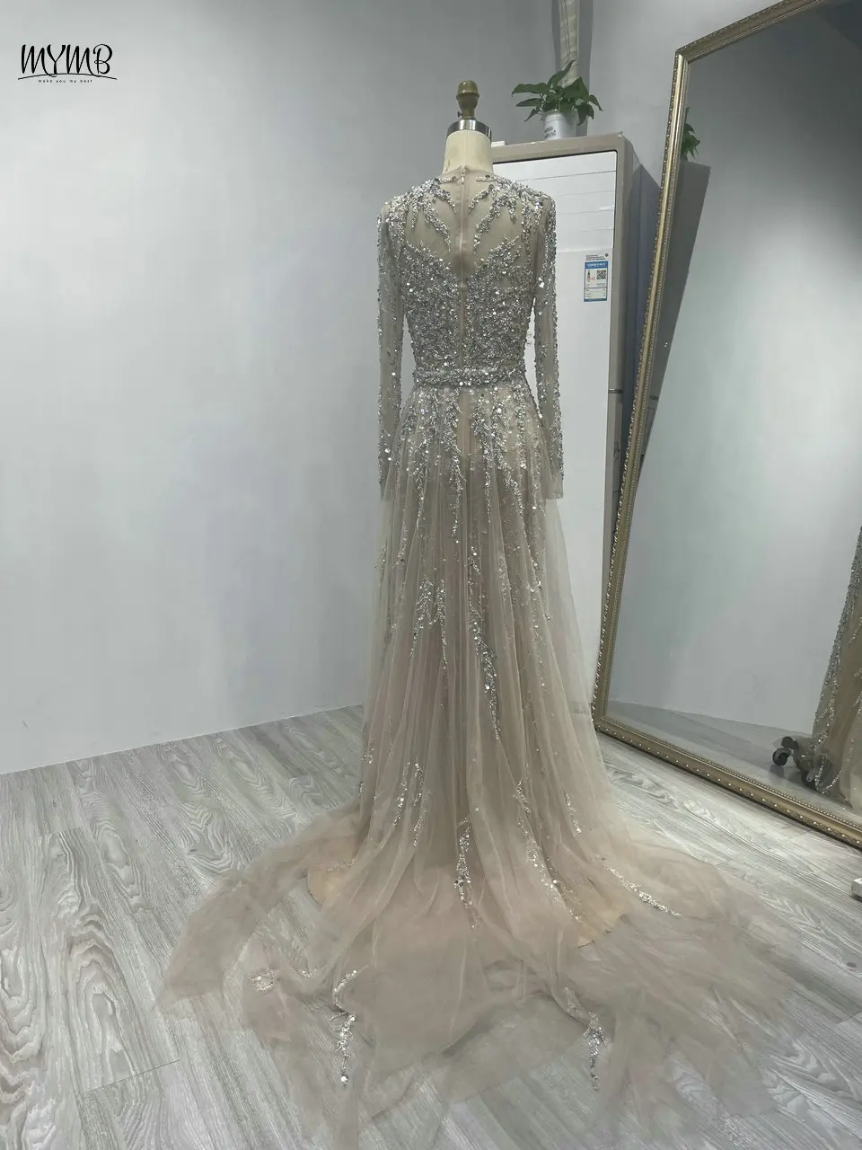 MYMB Champagne Elegant Scoop Neck Mermaid Formal Occasion Dresses Muslim Stunning Beaded Long Sleeve Tulle Evening Gown DDS067-2