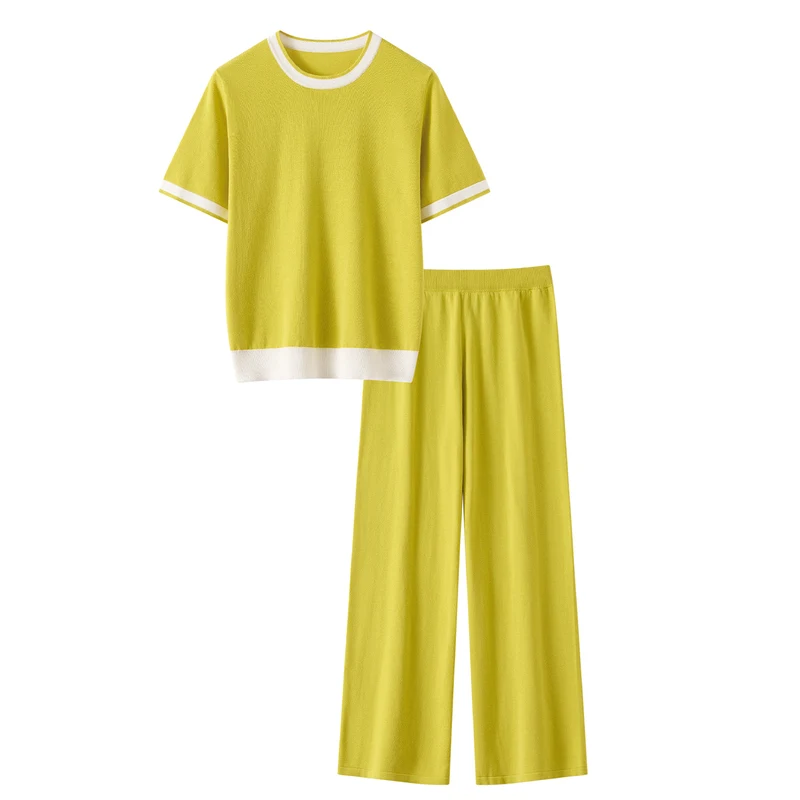 

Spring/Summer Women's Set 100% Cotton Knitted Color blocked Round Neck T-shirt Straight Tube Elastic Waist Pants 2-piece Set