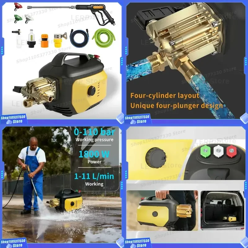 145 Bar High Pressure Washer 110V 60Hz Portable Car Cleaning Machine 8L Min Flow Rate Household Water Gun for Outdoor Use