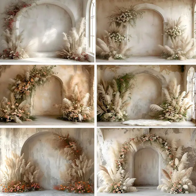 Boho Pampas çiçek arka planında yetişkinler düğün hamile fotoğraf kek şut kemer duvar arka plan fotoğraf çekimi stüdyo