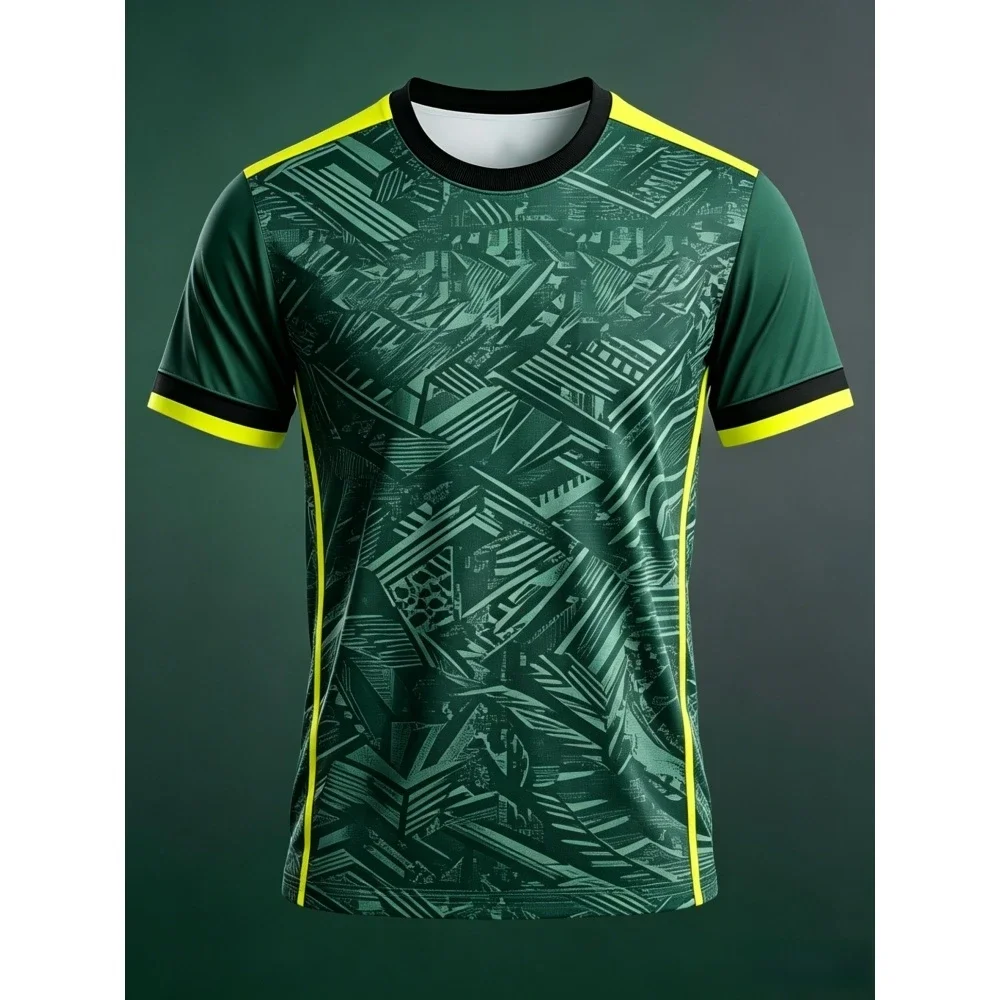 Grey Abstract Geometric Print Sports Jersey Unisex, Neon Yellow Trim Short Sleeve T-shirt, Breathable Training Top for Men Women