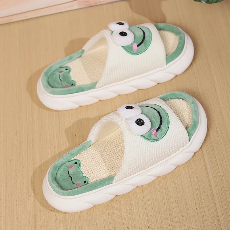 Pantofole Casual in lino con plateau donna Home Frog Cartoon Cute Designer Shoes Girls 2024 New Spring Fashion House Slides Large Size