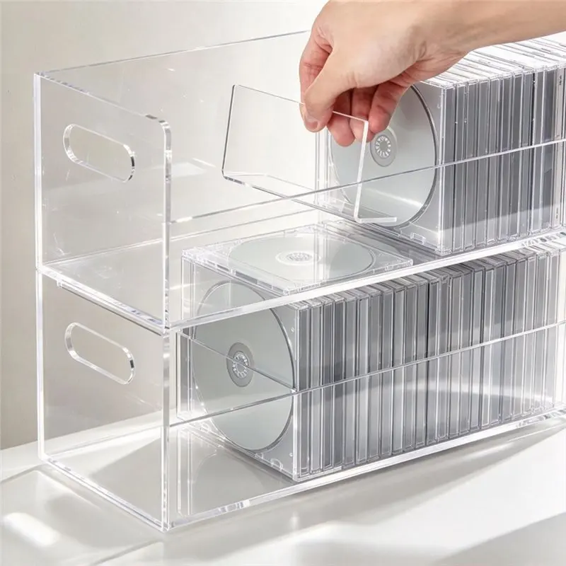 A42T-Stackable Compact Disc Storage Box Clear Acrylic CD Holders 2 Pcs Music Disc DVD Display Cases, Cassette Organizers