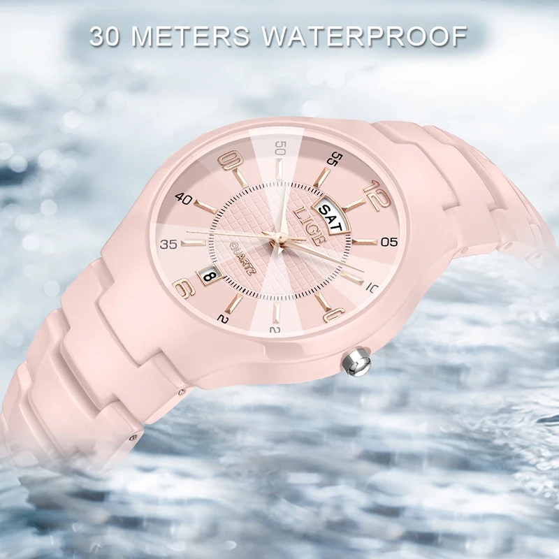 LIGE ساعة نسائية أنيقة من السيراميك ساعات يد كوارتز عصرية فاخرة مقاومة للماء ساعات تاريخ الأسبوع هدايا للسيدات Reloj Mujer + صندوق #4