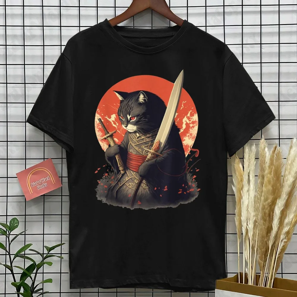 Retro Japonesa Samurai Ninja Cat Kawaii Tattoo Graphic Style Summer Unisex Women Men T Shirt Fit Sweatshirt for Daily Wear