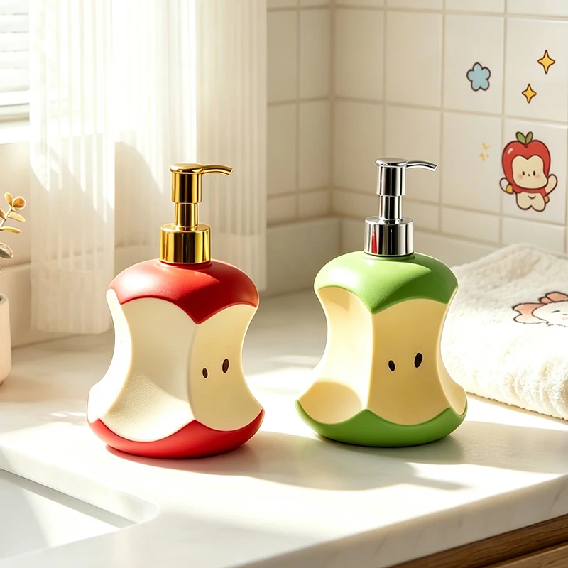 Cute Apple Core Resin Soap Dispenser Plastic Pump Lotion Bottle 300ml Hand Wash Container Bathroom Sink Counter Decor Ornament