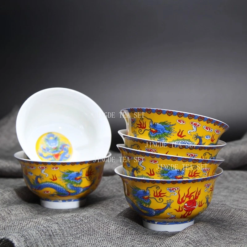 Jingdezhen Ceramic Tea Cup Household Dragon Bowl Colorful Yellow Dragon Patterned Rice Bowl Chinese Style Tea Cup - Image 2