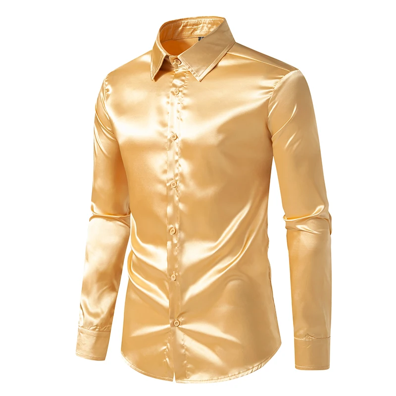 Herren Satin Luxus Hemden Mode Seide Glatt Männlich Smoking Hemd Solide Hochzeit Party Prom Casual Hemd Business Büro – Detail 20