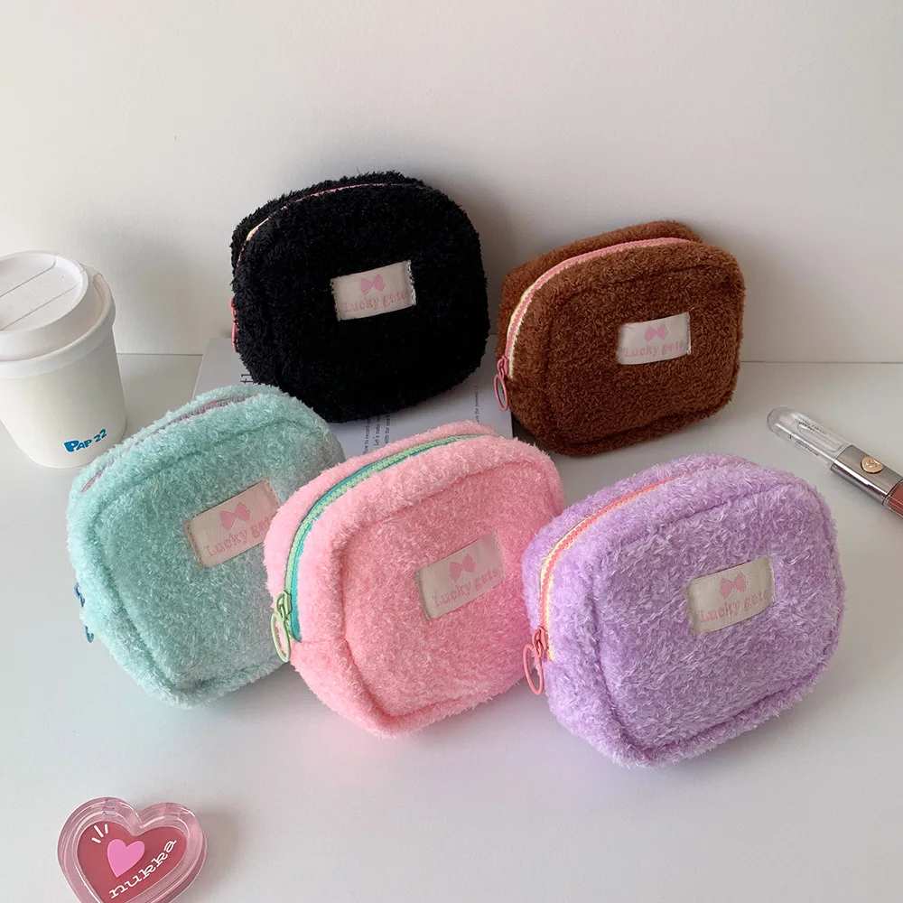 Ins Small Cosmetic Organizer Plush Square Makeup Bag Zipper Coin Purse Student Earphones Data Cable Sanitary Pad Pouch Wash Bag